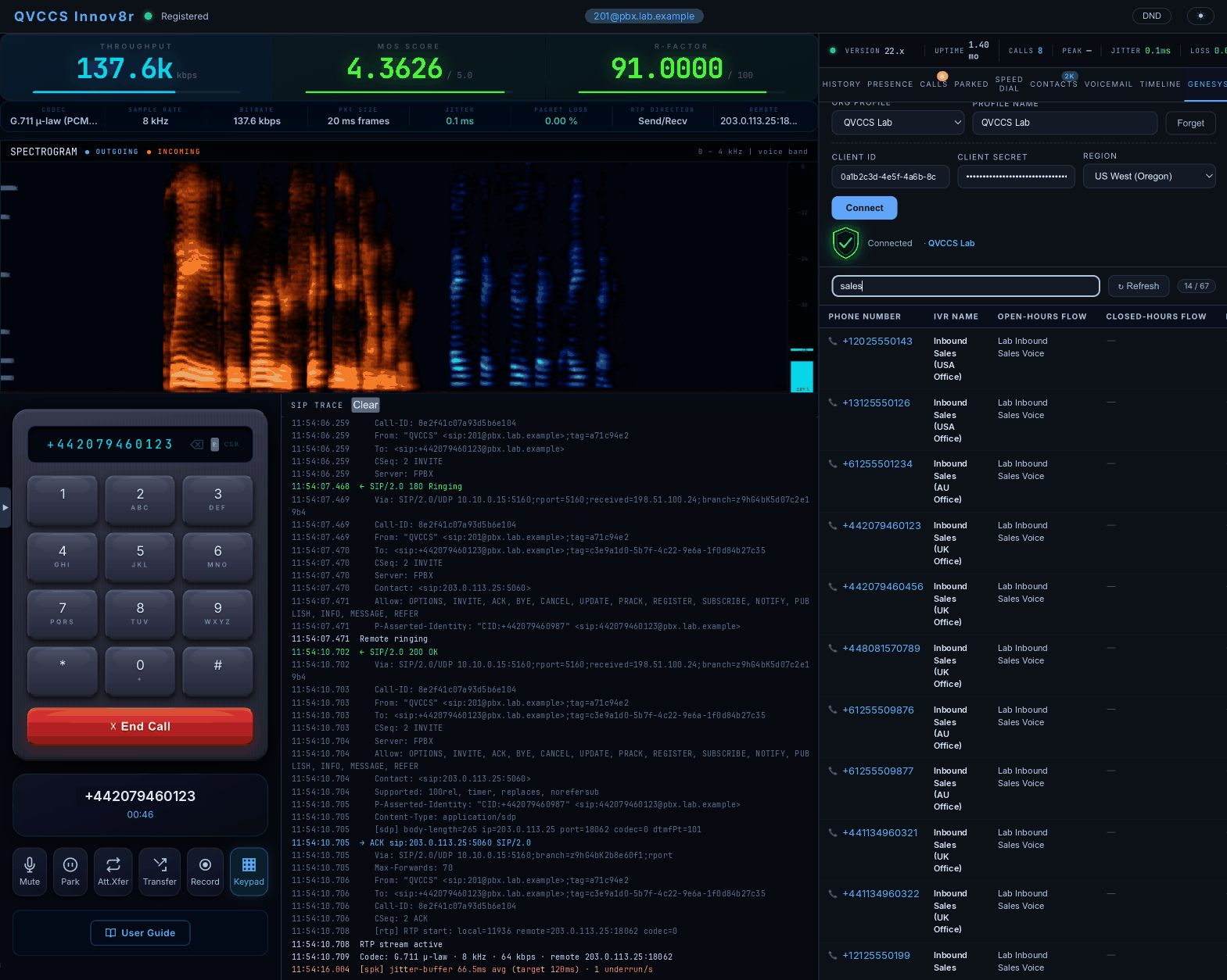 Innov8r during a test call: quality gauges, a spectrogram, the dial pad, a SIP trace and the Genesys tab listing numbers with their flows